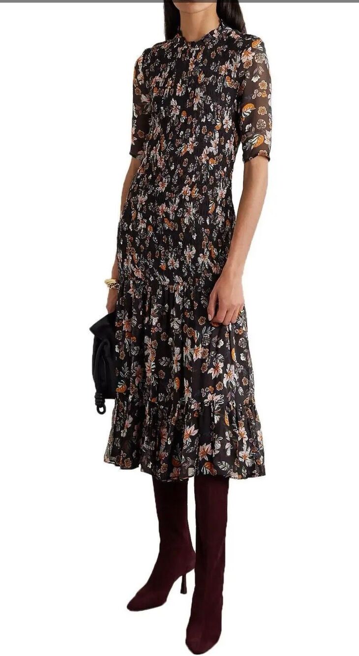Veronica Beard Gabi Shirred Floral Print Chiffon Midi Dress-Size XS/SMALL-178